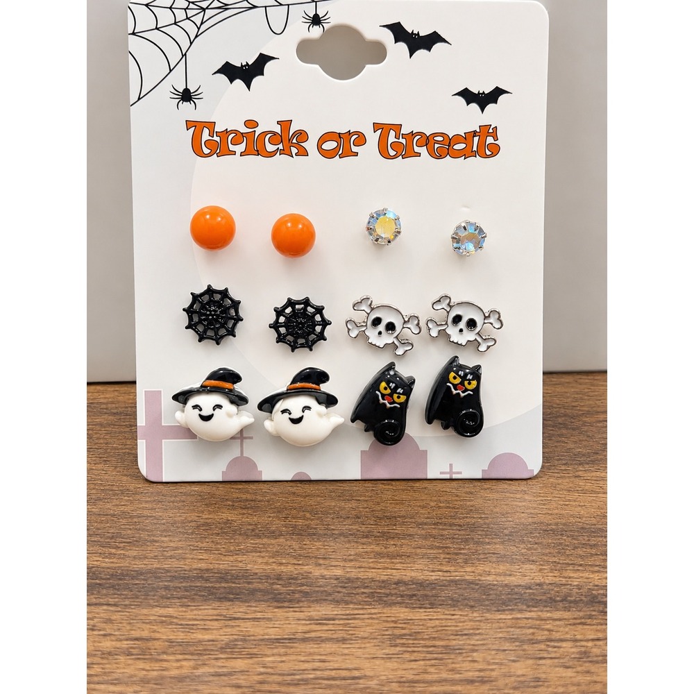 Halloween Earring Set 6 Pairs Ghost Black Cat Skull Spider Web Studs Orange